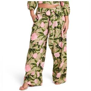 NWOT Women's XL Peony Print Pants - Agua Bendita Green/Pink XL